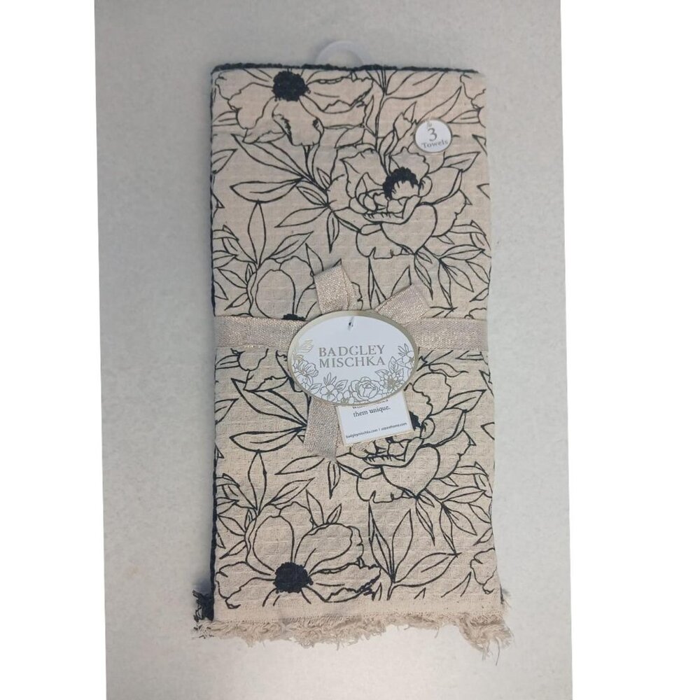 3 Set Matching Badgley Mischka Floral Kitchen Towels 100% Cotton Cream Blk NEW
